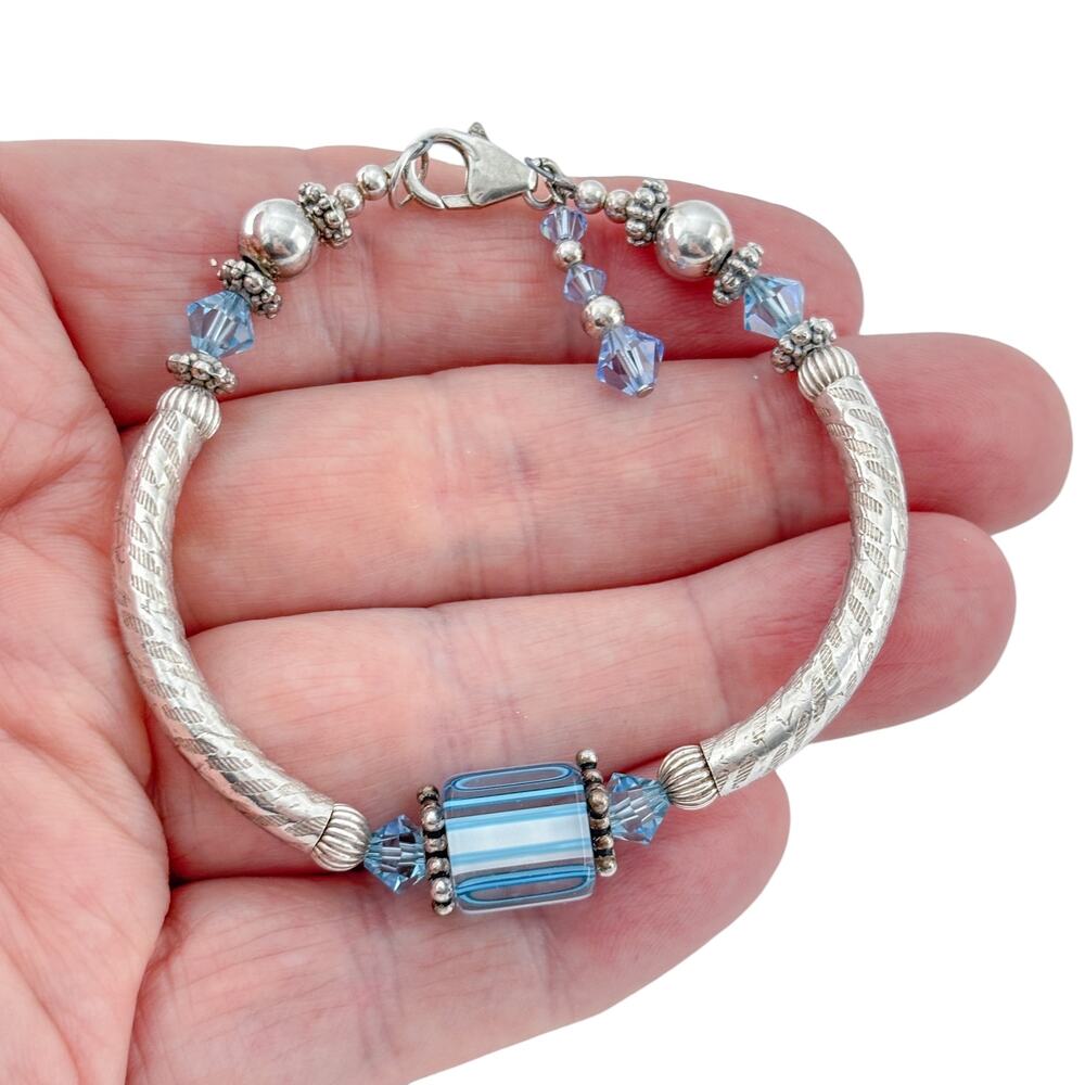 Vintage Sterling Silver 925 Blue Striped Glass Bead Bracelet 7"